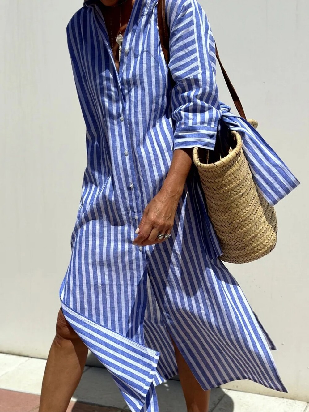 Tied Button Up Three-Quarter Sleeve Dress